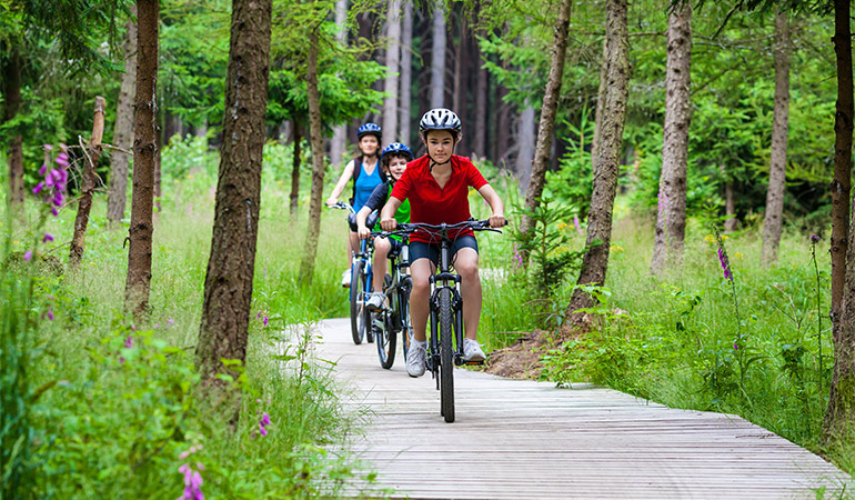Three bicyclists ride on a path.